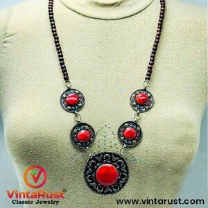 Handmade Stones Necklace With Turquoise and Coral Beads